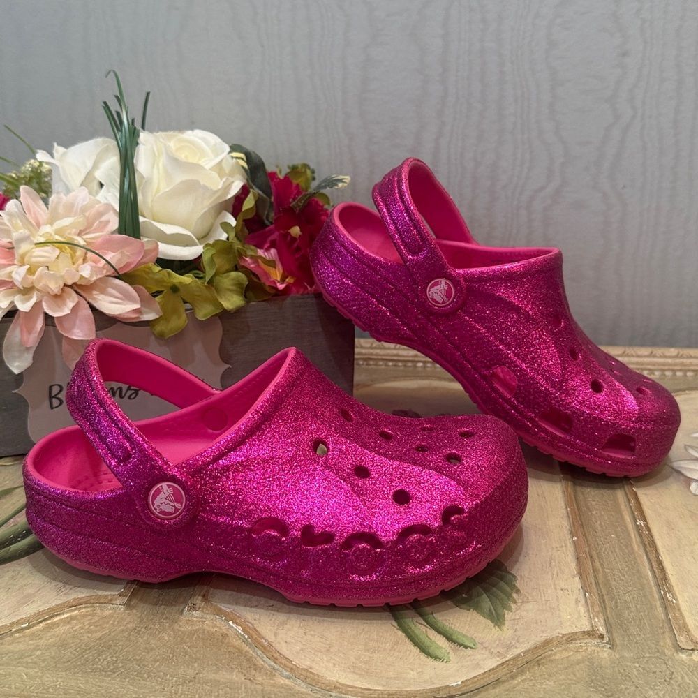 CROCS Hot Pink Baya Hi Glitter Kids Clogs 16260 Sz J2